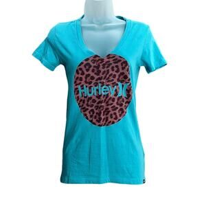 Hurley Blue Animal Cheetah Print‎ V-Neck Tshirt Size Small